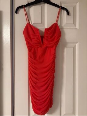 Coral Ruched Spaghetti Strap Bodycon Dress